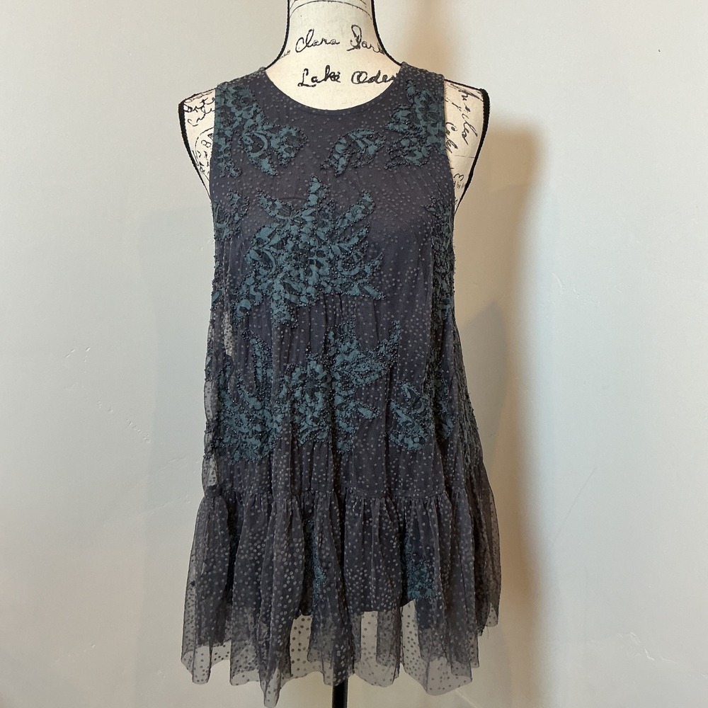Anthropologie Beaded Floral Lace Tunic Sz Medium Gray  Boho Mesh OB1257115